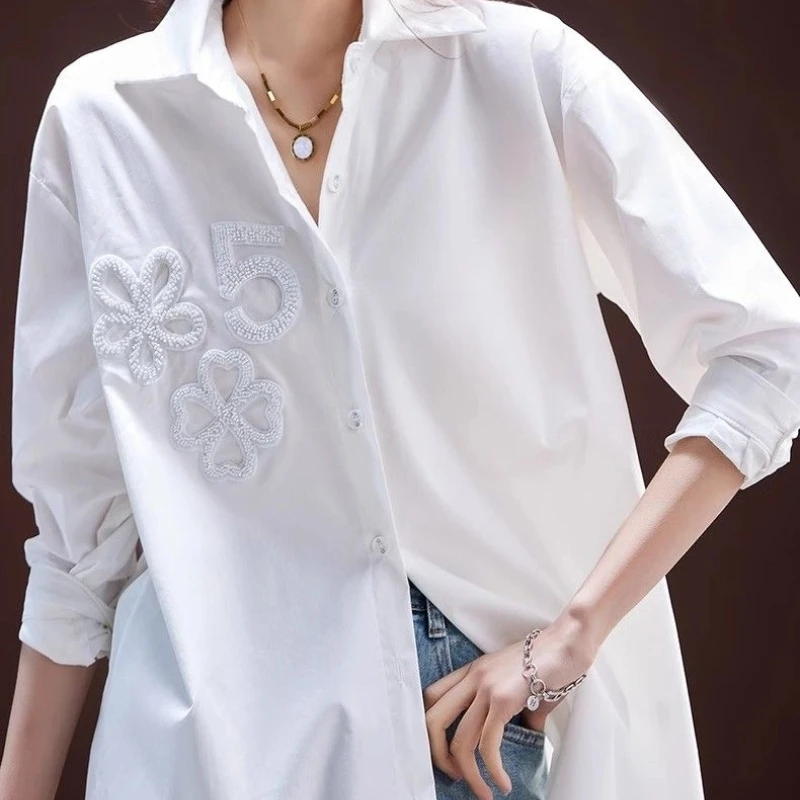 

Elegant Women Shirt With Beading Embroidery For Office Casual Style Mid Length Single Breasted Turn Down Collar Full Sleeve