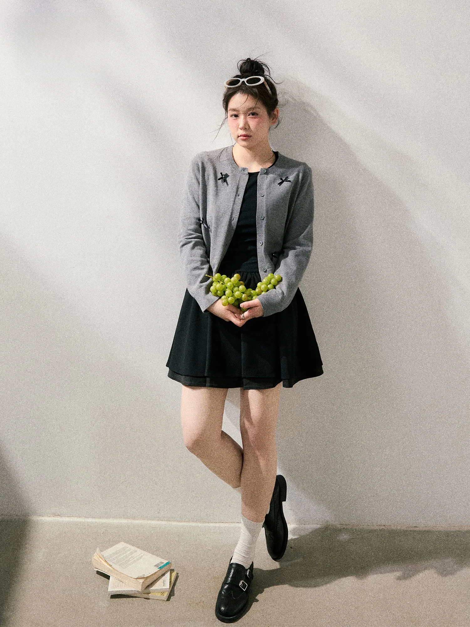 

plus Size Knot ey Open Cardigan Bla Dr Set Korean Sle Slimming Sweet High Waist Cake Skirt Casual Spring F...