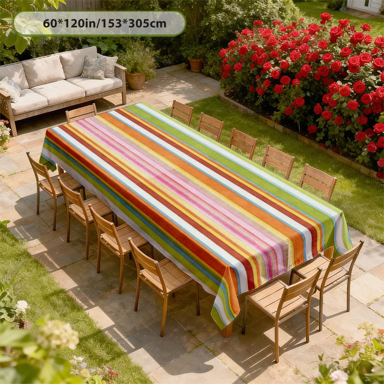Tablecloth 2D Flat Printing - 1 piece. Striped style. Pink, green and orange color scheme. yzb