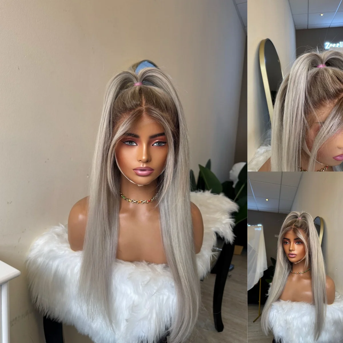 الجزء الأوسط أومبير رمادي شقراء فاخرة الاصطناعية الدانتيل شعر مستعار أمامي طويل طبيعي مستقيم شعر مستعار عالية الجودة المرأة على التخليص #4