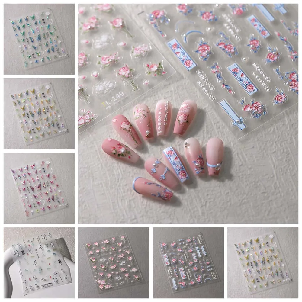 Pearl Flowers Chinese Nail Stickers Butterfly Chinese Calligraphy Chinese Nail Decals Cheongsam Accessories Manicure Ornaments