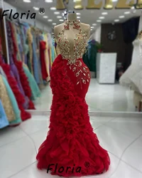 Modest Red Beaded Crystal Wedding Dress Sheer Top Tired Ruffles Mermaid Formal Evening Dresses Runway Pageant Gowns Vintage New