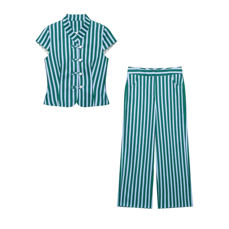 Summer Women's Suit Short Sleeved Striped Collar Shirt Top High Waist Wide Leg Pants 2026 New Fashion Shirt Pants 2-piece Set