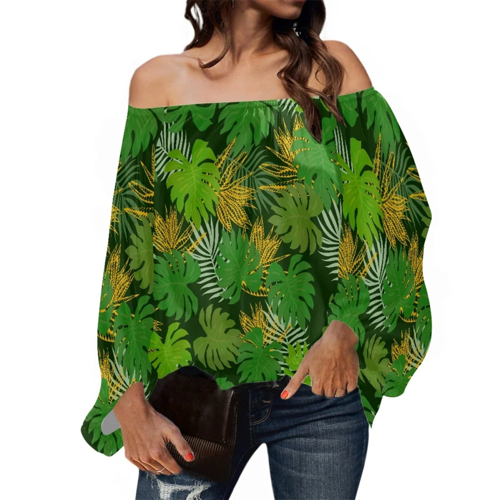 Fall Off Shoulder Shirt Pullover Polynesian Tribal Clothing Hawaii Green Tropical Plant Print Elegant Ladies Tops Chiffon Blouse