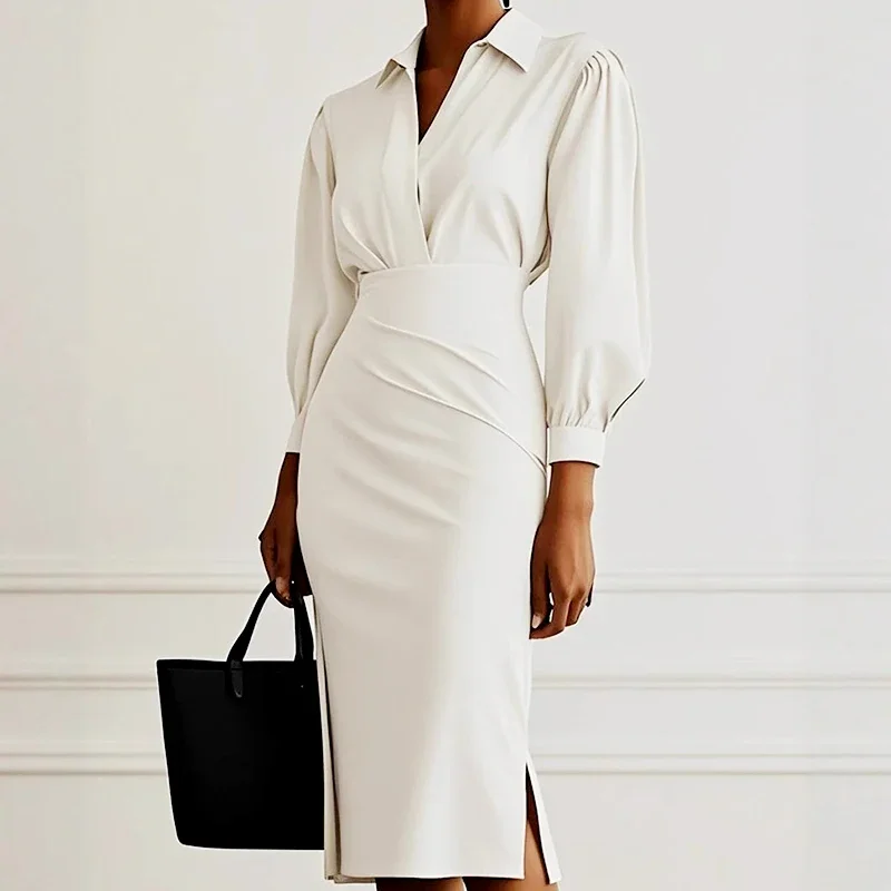 سليم صالح المرأة فساتين مثيرة الخريف مزاجه الجديد كم طويل قميص فستان للنساء Bodycon بلون مكتب سيدة فستان #3