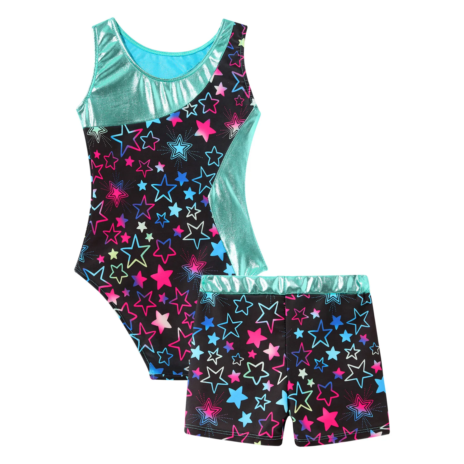 Kids Girls Ballet Gymnastic Leotard Bodysuit Bronzing Sleeveless Ballet Dance Set Workout Figure Skating Unitard+Shorts Outfit