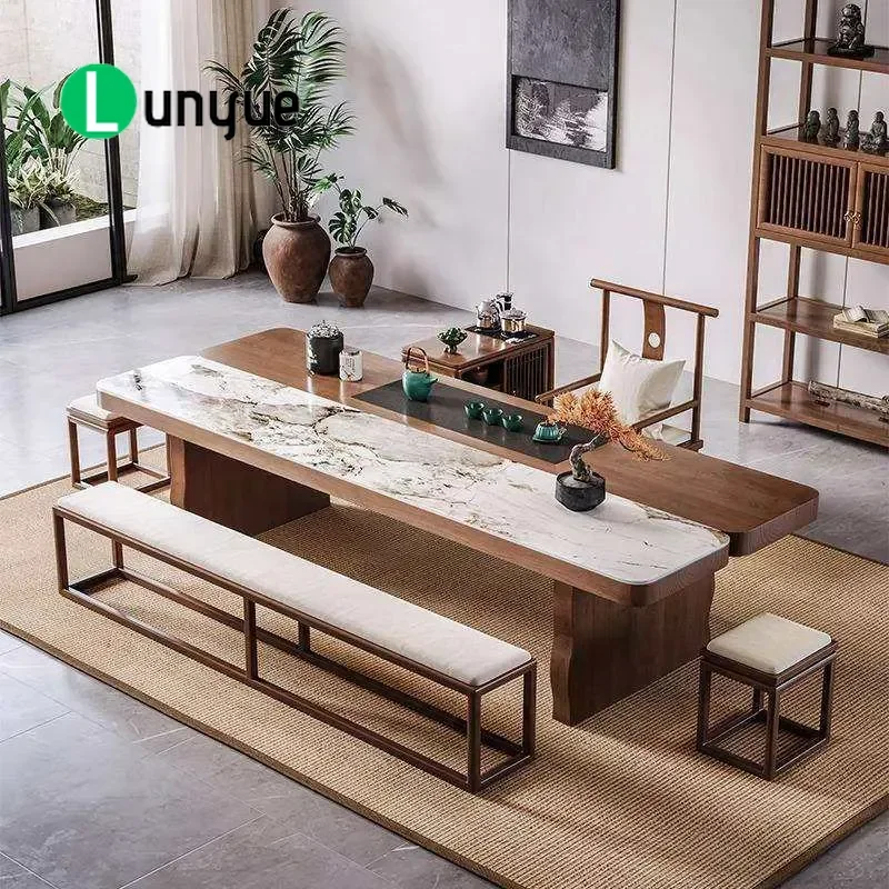 New Chinese Style Solid Wood Rock Slab Tea Table and Chair Set Modern Light Luxury Large Board Drinking Table for Living Room