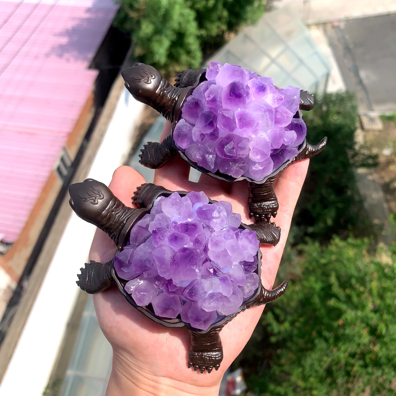 1PC Natural Amethyst Flowers Cluster Purple Quartz Carved Tortoise Animal Figurines Energy Gemstones Home Decoration