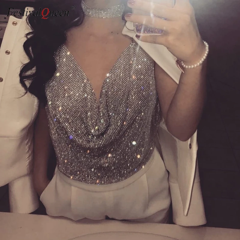 Festival Brilliant Rhinestone Backless Party Crop Top Women 2022 Summer Glitter Evening V Neck Diamonds Metal Tank Tops