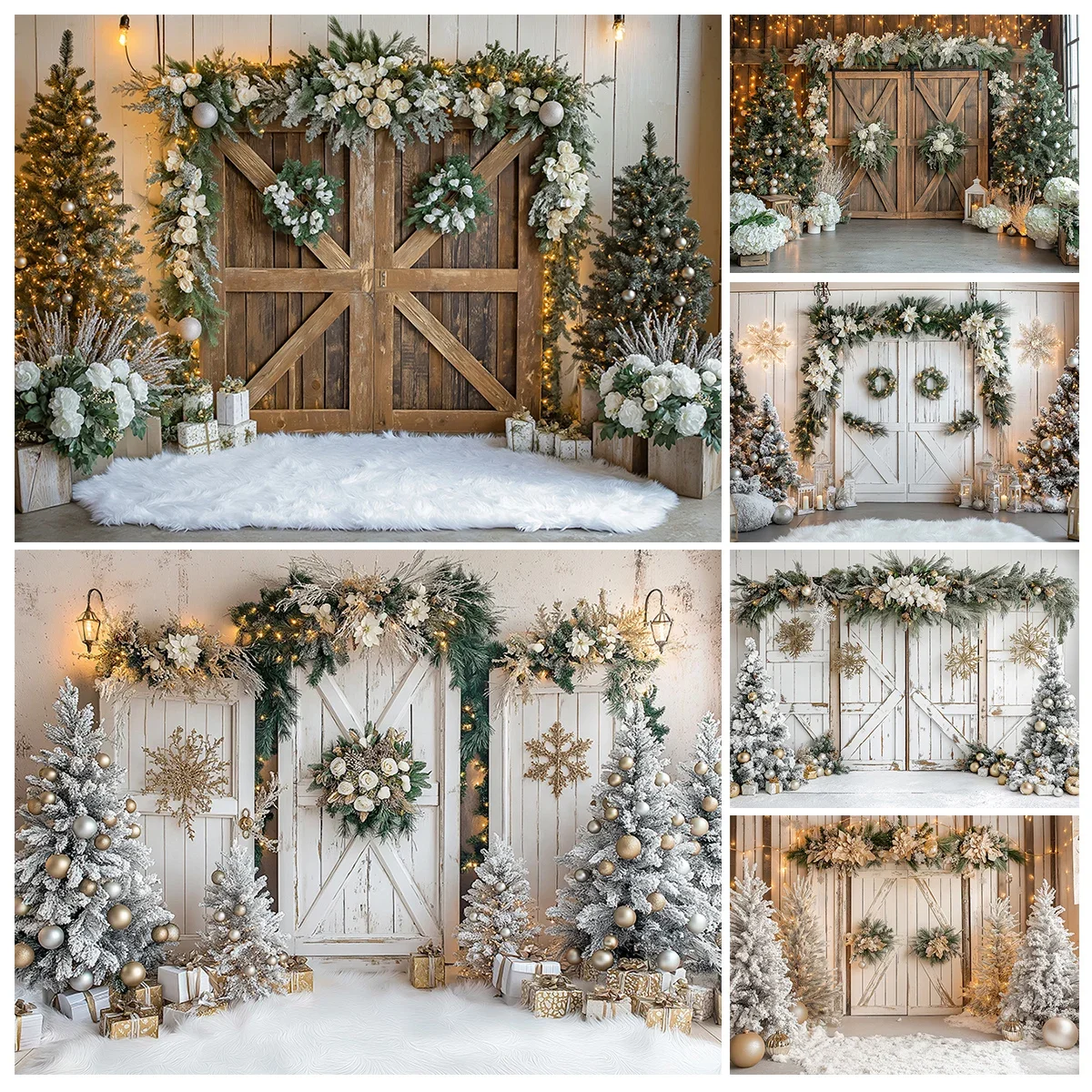 Natale Inverno Porta in legno Sfondo Bambini Fotografia per adulti Puntelli per bambini Ghirlanda di Natale Decorazione della fattoria di neve Sfondo