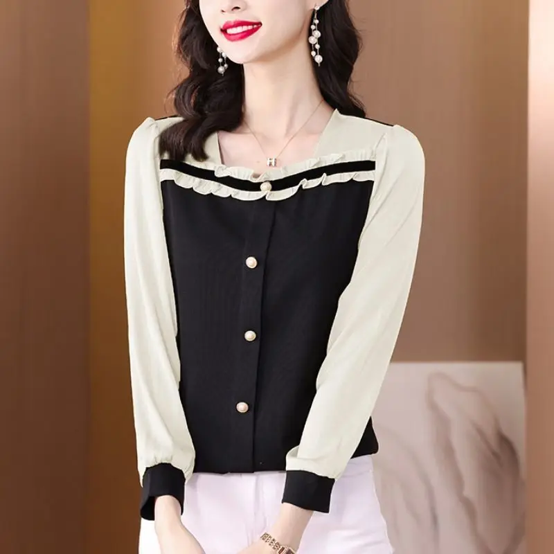 Spring Office Lady Ruffles Square Collar Long Sleeve Shirts Women Clothes Fashion Buttons T-Shirt Femme Korean Patchwork Top Tee