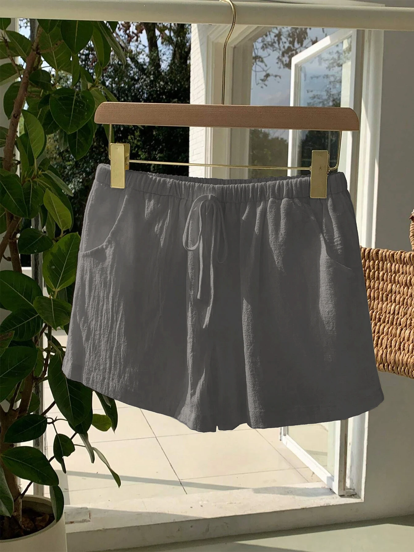 Damen Neue Frühling-Sommer Leinen Einfarbige Lässige Sport-Shorts mit Elastischem Bund und Kordelzug – Detail 16