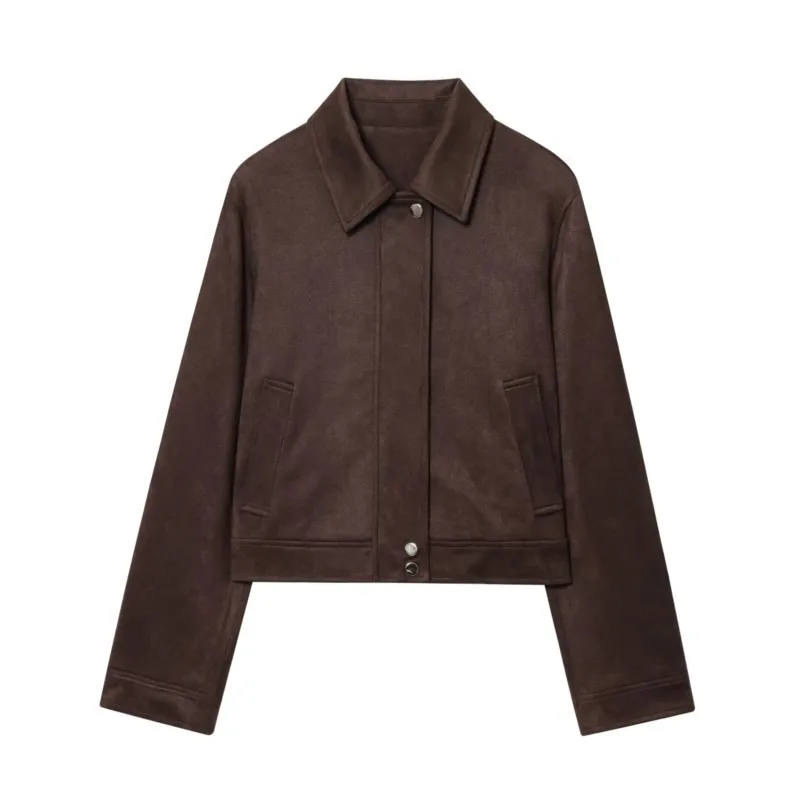 

Women Leather Short Jacket with Tie Autumn Turn Down Collar Pockets Zipper Long Sleeve Women's Coat Causal Female Chic Jacket