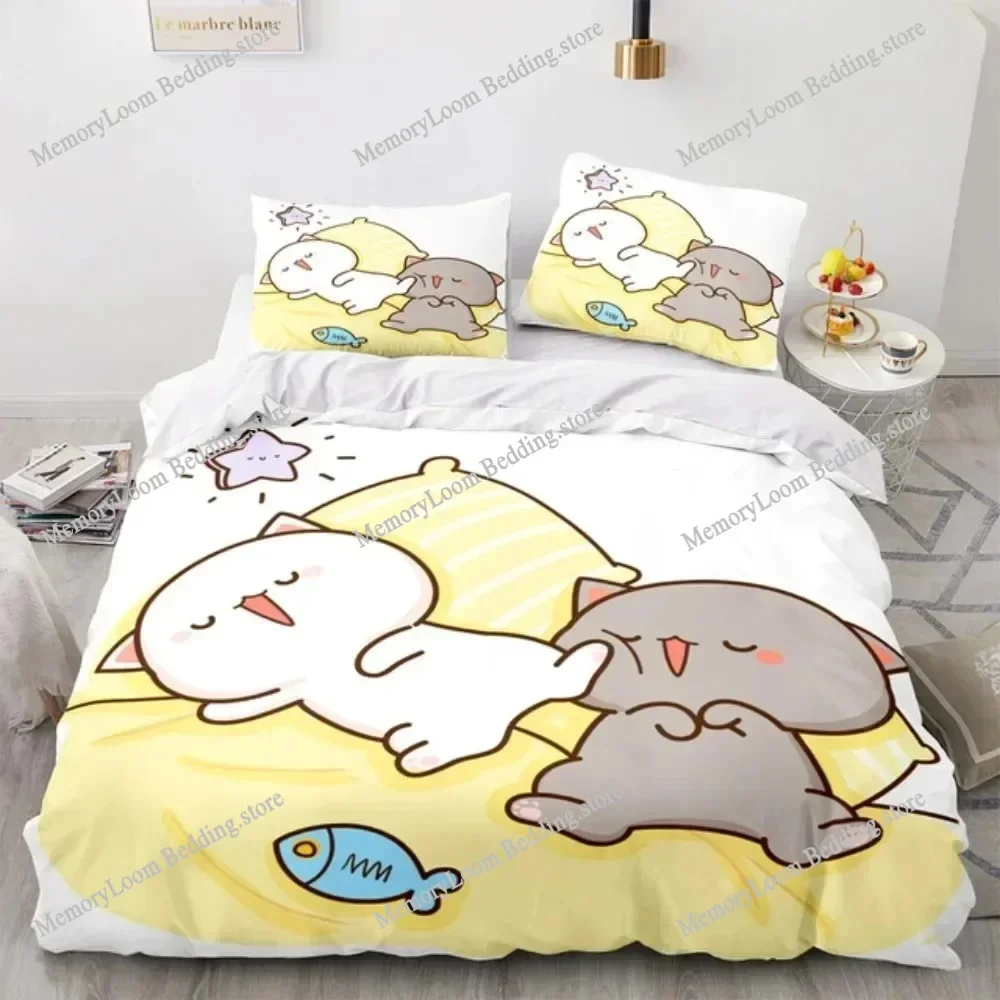 Lovely Peach Cat Bedding Set Cartoon Comforter Sets Double Queen King Twin Full Size Duvet Cover Set Kids Girls White Bed Linen