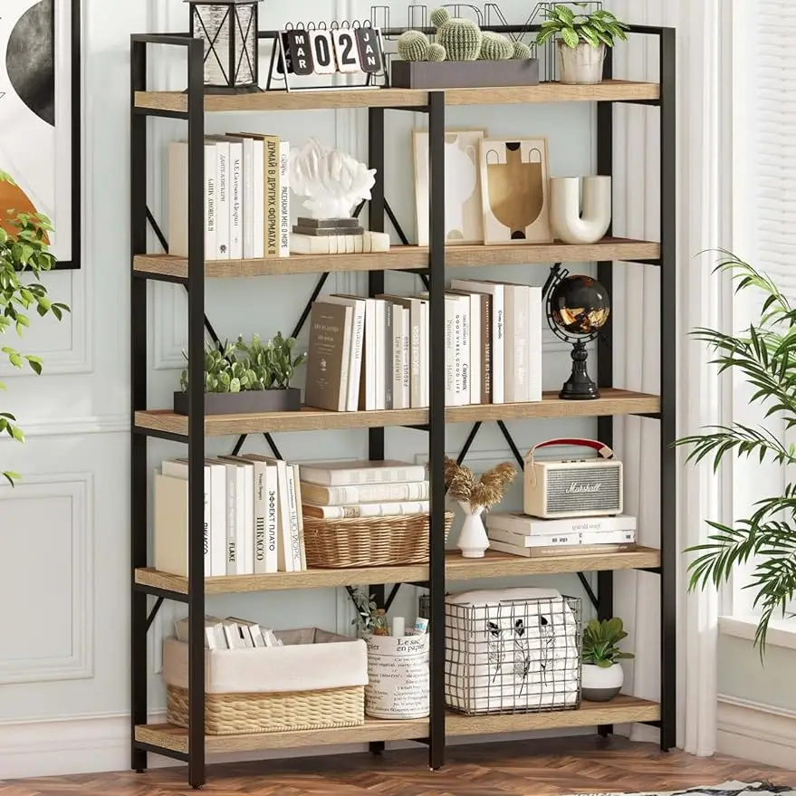 

FATORRI Bookshelf, Industrial 5 Tier, Rustic Wood Etagere Bookcase, Metal Tall Book Shelf with Large Open Shelving Unit