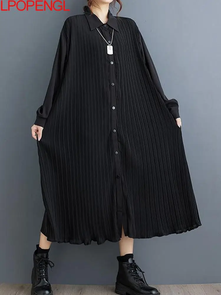 

Новое модное однотонное женское осеннее элегантное платье с длинным рукавом модное Плиссированное однобортное платье-рубашка с отложным воротником