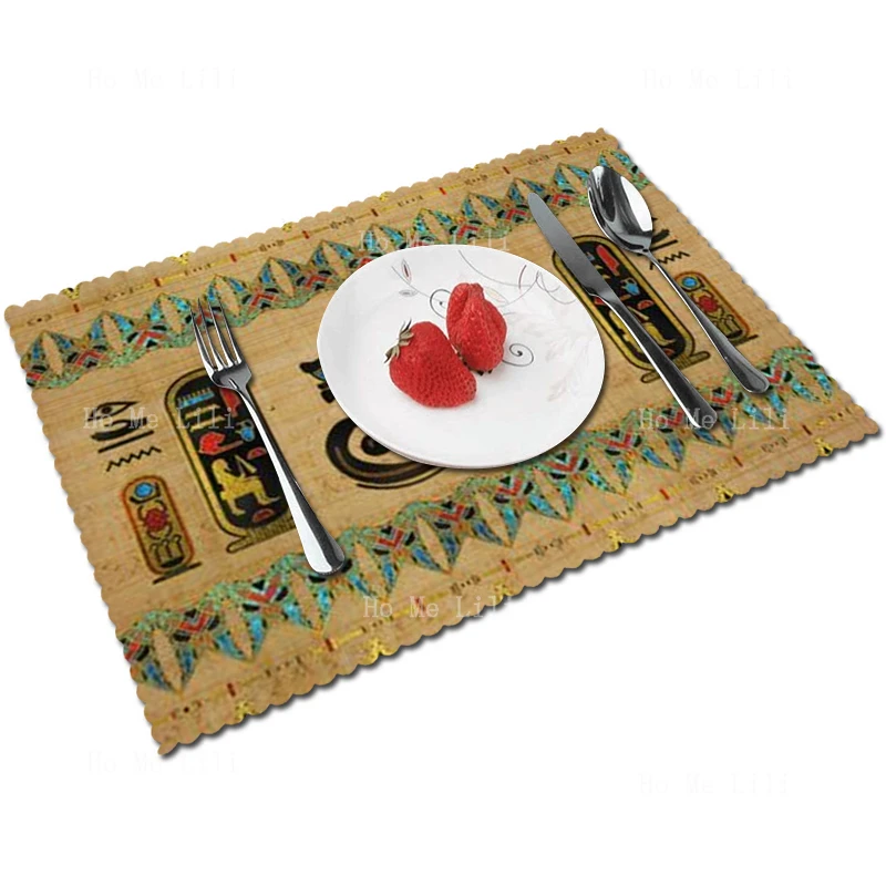 Egyptian Eye Of Horus On Papyrus Mysterious Sphinx And Hieroglyphs On Wood Table Decoration Placemat