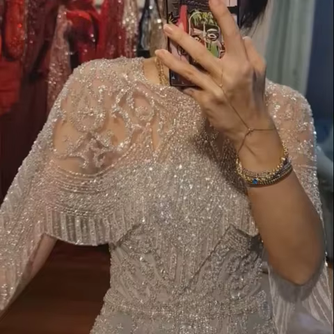 FATAPAESE Customized Evening Gown Sequins Embellished Removable Cape-neckline Beading Fully Beads Gems Short Sleeve Formal Dress