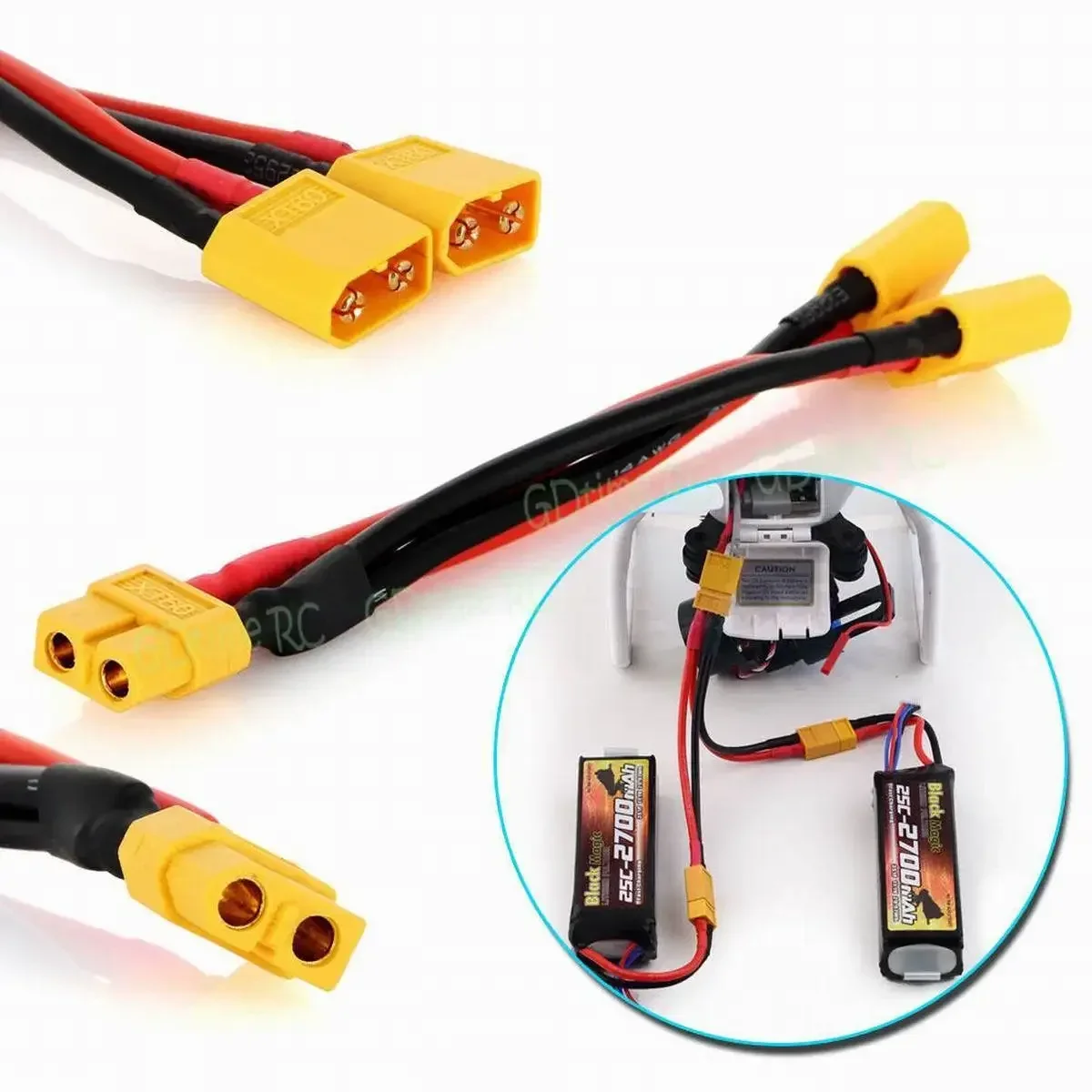 XT60 Parallel Adapter 2 Male to 1 Female Lipo Battery Converter Connector Wire Double Capacity Power For RC Quadcopter Drone