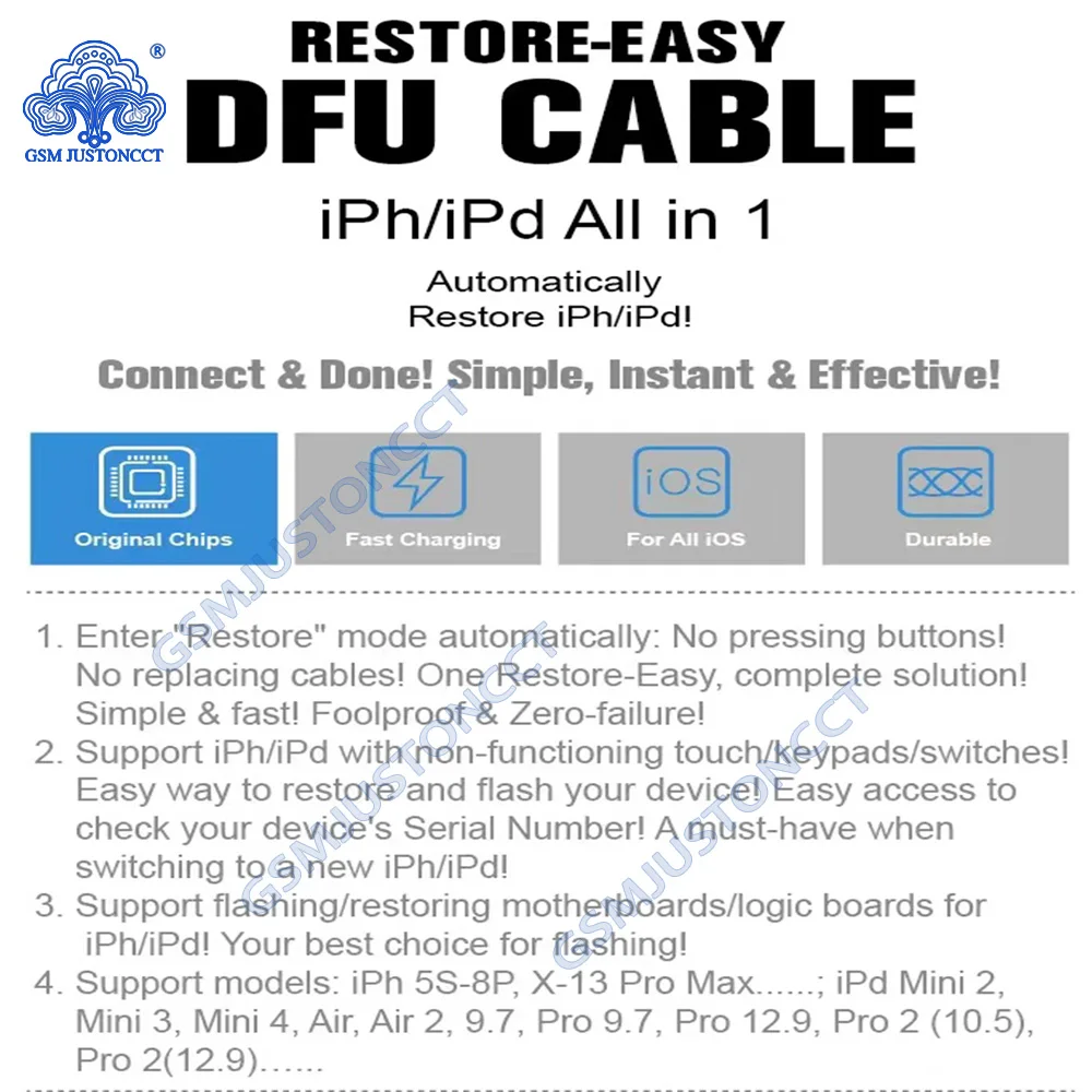 Restore-easy DFU Cable for Iphone5s -8p ,X-13Pro MAX for Ipad Mini 2,3.4.Air,Air 2.9.7.Pro9.7, Pro12.9 .Pro2 (10.5) pro2 (12.9)