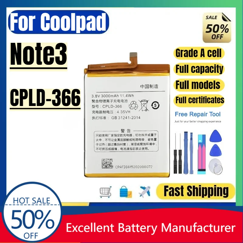 0 Cycle CPLD 366 Battery for Coolpad Note 3 Phone High Quality High Capacity Replacement Lithium Polymer Grade A Cell with Tools