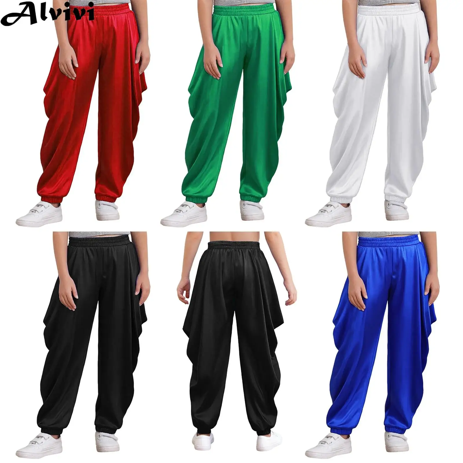 Kids Indian Dance Dhoti Pants Elastic Waist Loose Satin Baggy Trousers Halloween Theme Party Carnival Christmas Cosplay Costume