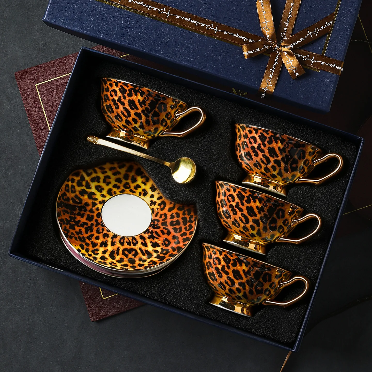 Vintage leopard print bone china premium coffee cup, European afternoon tea cup set, ceramic cup and saucer gift box