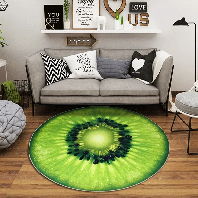 Cute Fruit-Themed Round Rug with Kiwi, Orange, Lemon & Watermelon Design – Soft & Playful Floor Mat for Kids Room or Living Room