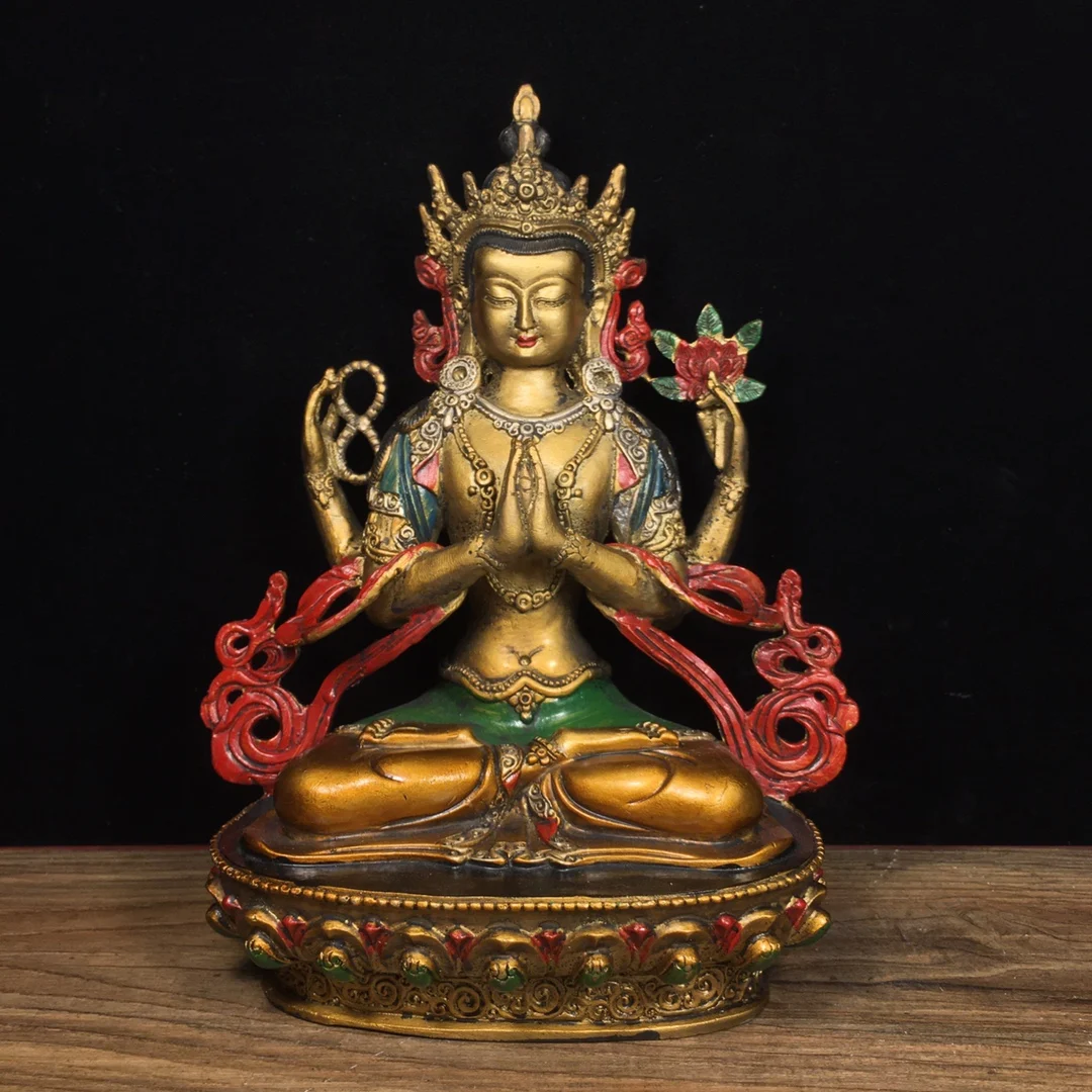 

8"Tibetan Temple Collection Old Bronze Cinnabar Painted Four armed Guanyin Sitting Buddha Lotus Terrace Worship Hall Town house