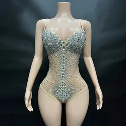 Pearls Tights Bodysuit Singer Dancer Stage Nightclub Wear Women Sexy V Neck Perspective Mesh Elastic Crystals Luxury Gemstones