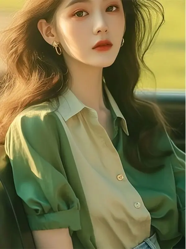 Modieus groen patchwork overhemd met korte mouwen, Franse stijl top, modieus vest