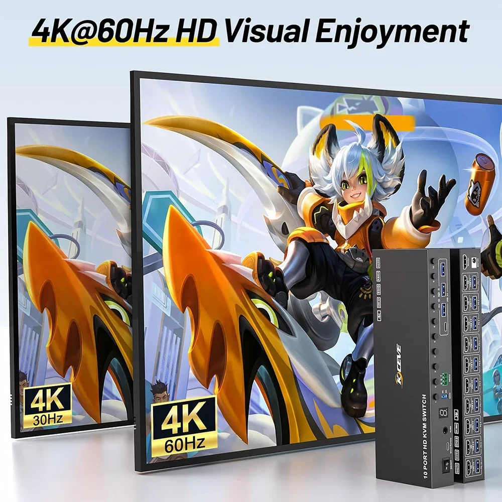 10 منافذ KVM Switch 4K @ 60 هرتز EDID Simulation USB3.0 HDMI-متوافق مع KVM Switch لـ 10 أجهزة كمبيوتر مشاركة 1 شاشة 4 جهاز USB، RS232
