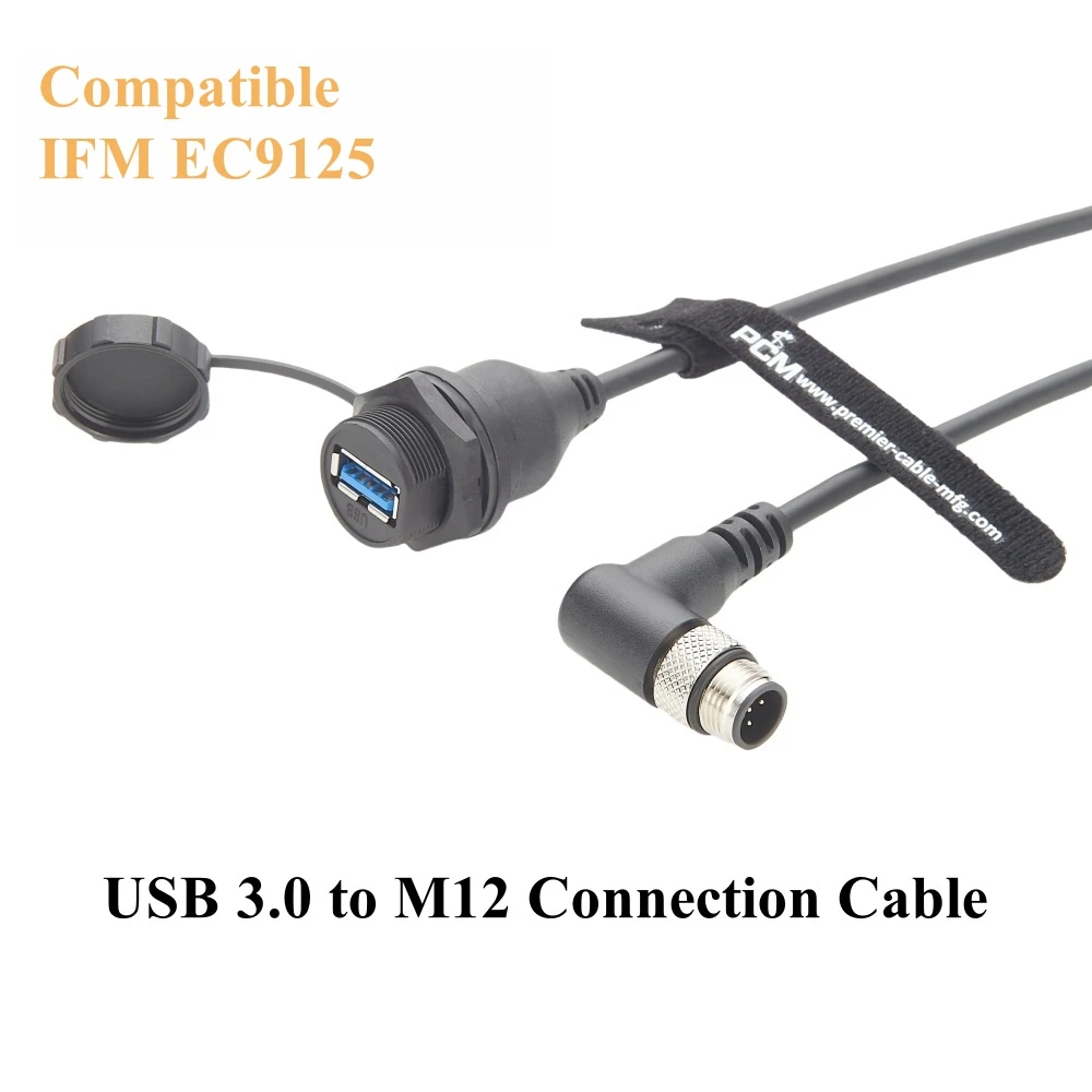 Right Angle USB Connection Cable IP67 USB 3.0 Socket to M12 B Code Cable Compatible IFM EC9125 for PDM360 NG Module Control