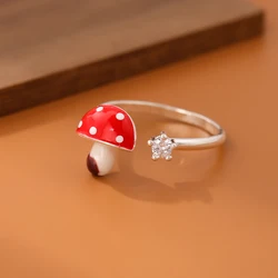 New Fashion And Creative Cute Red Dropping Small Mushroom 925 Sterling Silver Single Crystal Exquisite Opening Rings R363
