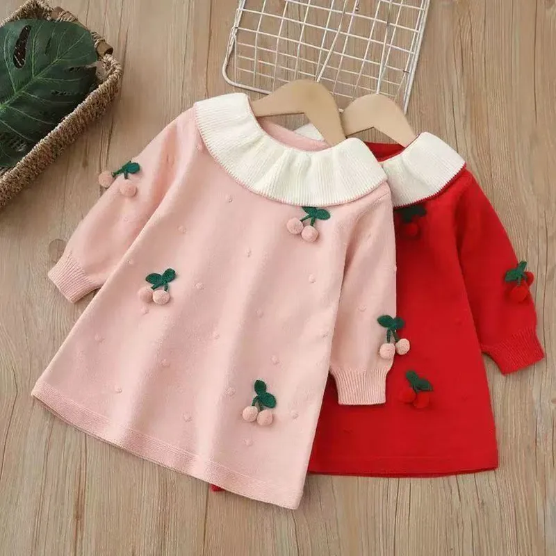 

Girls' Woolen Dress Children's Autumn and Winter New Handmade Floral Dress Fashionable Princess Dress for Baby Girls