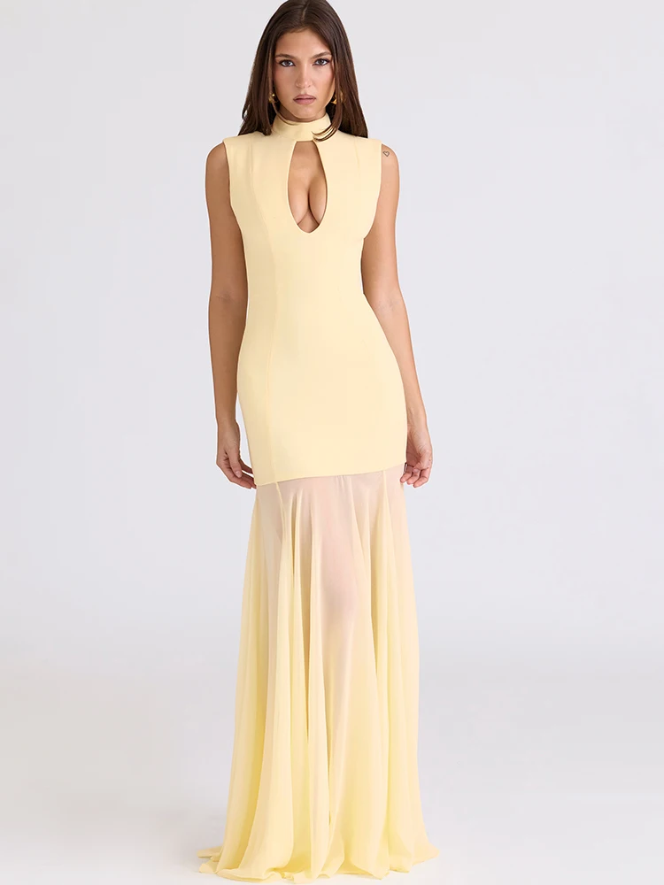 JULISSA MO Turtleneck Patchwork Sexy Hollow Out Mesh Women Maxi Dress Autumn Sleeveless See Through Elegant Party Evening Dress