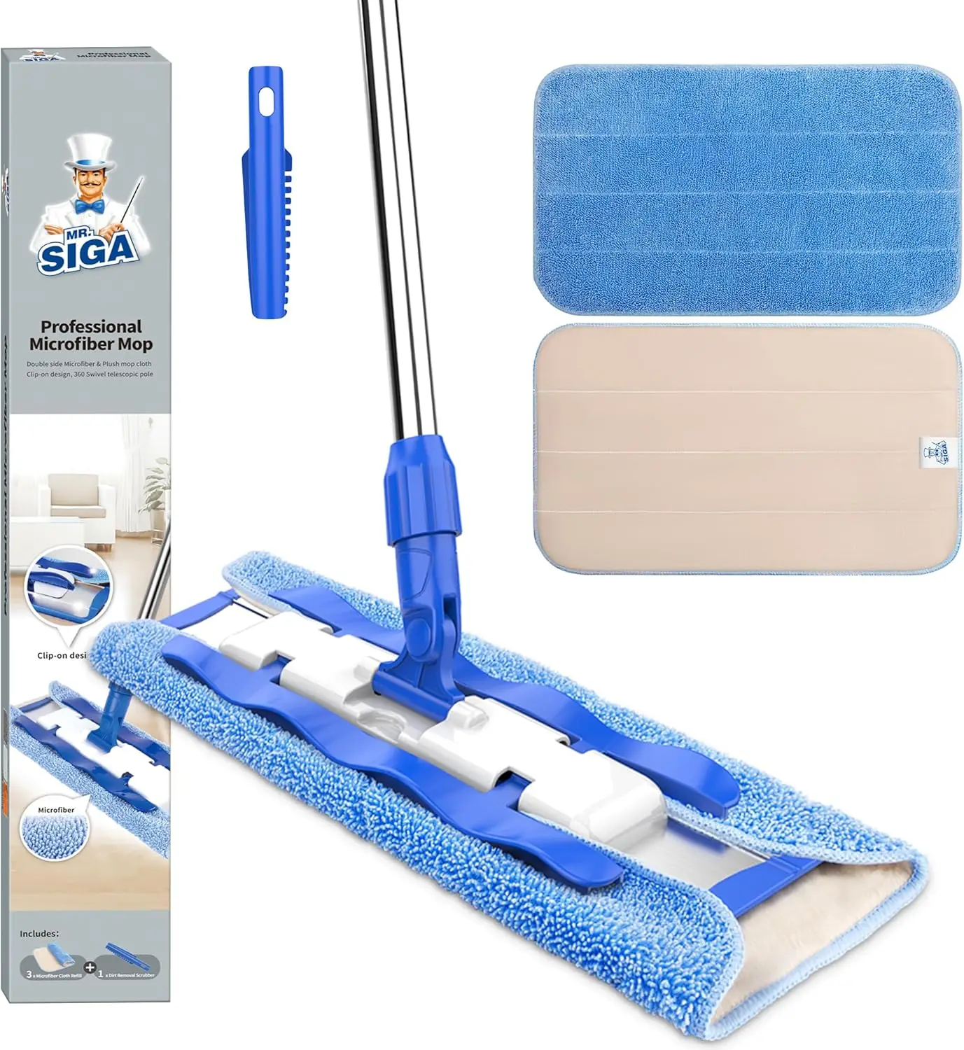 

Professional Microfiber Mop with Telescopic Handle for Hardwood, Tile, Laminate Floors - Includes 3 Refills and Scrubber