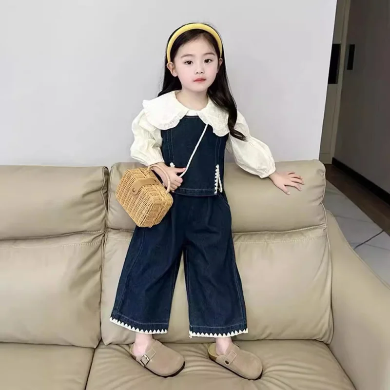 XH-Girls' Autumn Ruffles Shirt Outfit2024Baby Girl Western Style Fashion Denim Suspender Skirt Two-Piece Set