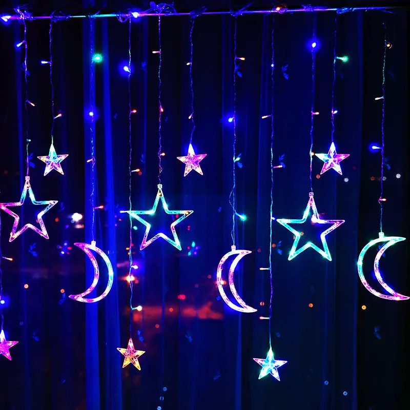 Criativo 3.5M LED Star Moon Curtain Lights 8 Modes Natal Garland Fairy Lights para Quarto Wedding Party Decoração de Ano Novo