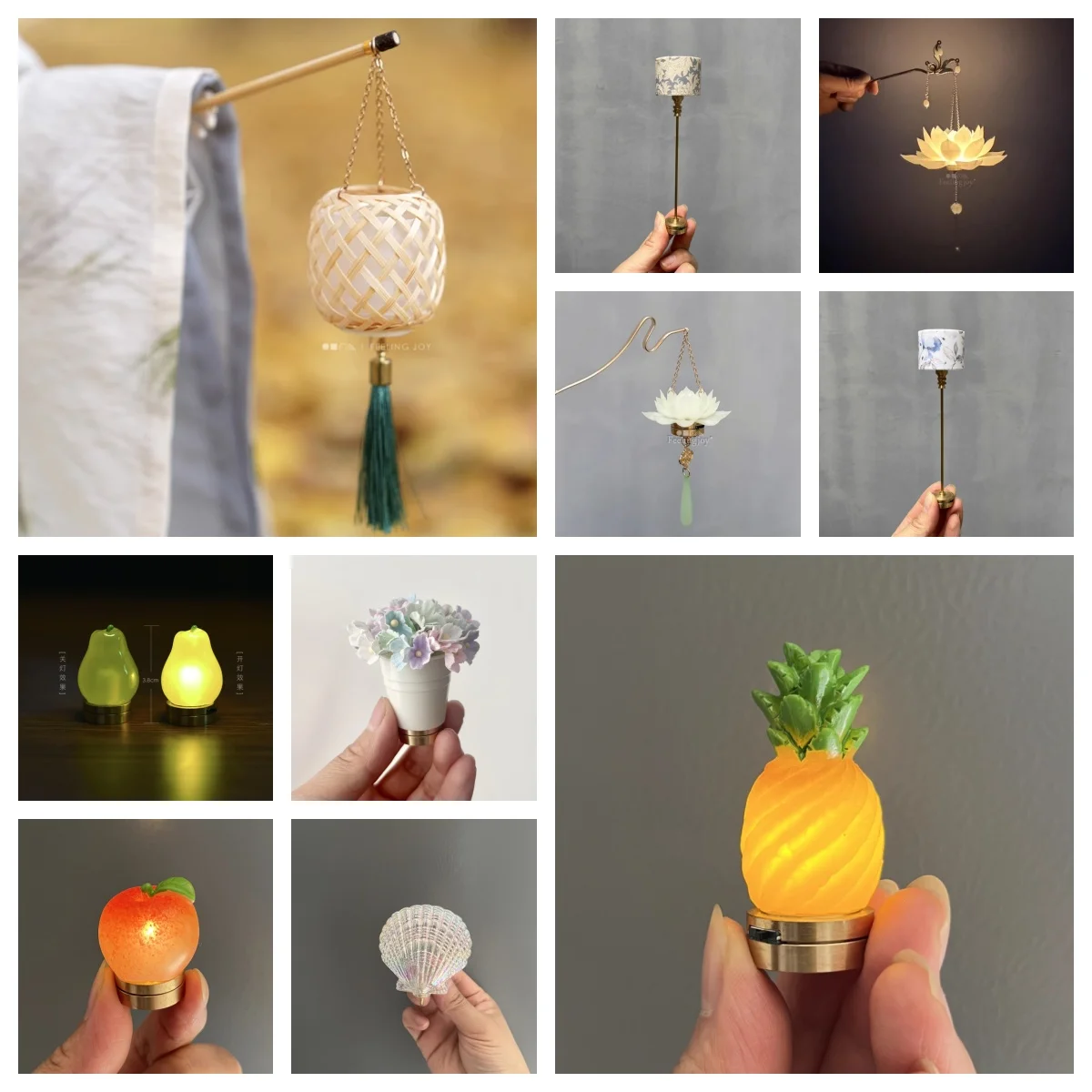 Light Up Miniature Lamp Collection: Chinese Lanterns, Shell Wall Light, Pear & Fruit Lamps for 1:6 BJD Blythe Diorama