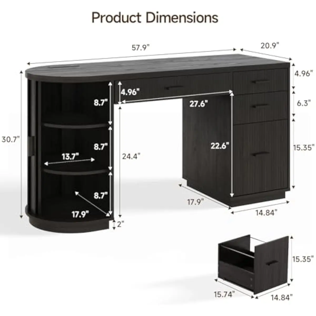 58 Inch Modern Executive Desk with Fluted Cabinet Sliding Door File Storage Charging Station 3 Outlets USB Type C Engineered Woo