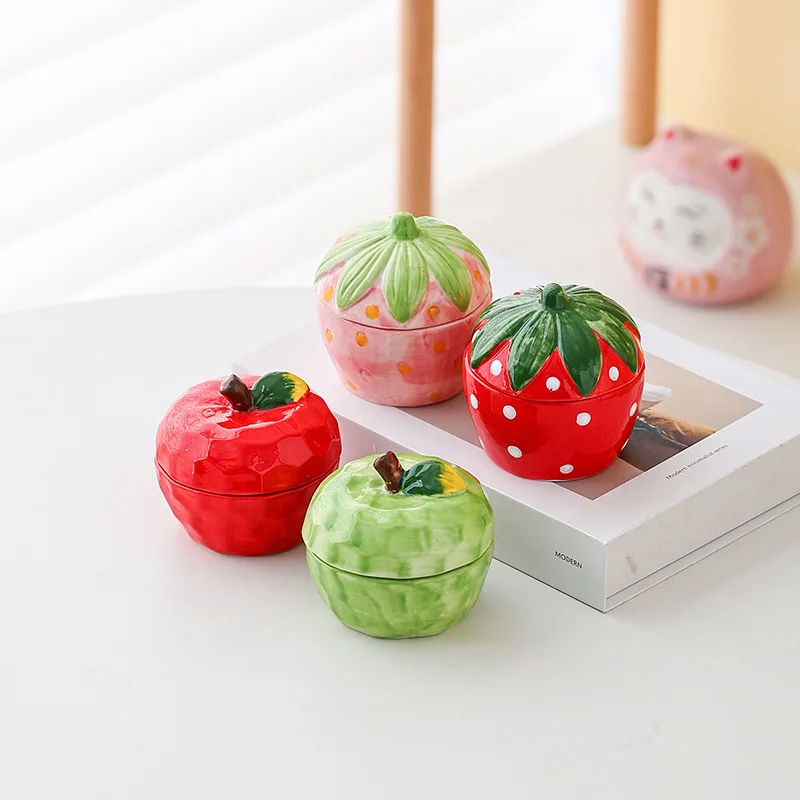 Ceramic Strawberry Apple Jewelry Box Creative Gift Pearl Necklace Ring Dresser Storage Jar with Lid Kitchen Storage Supplies