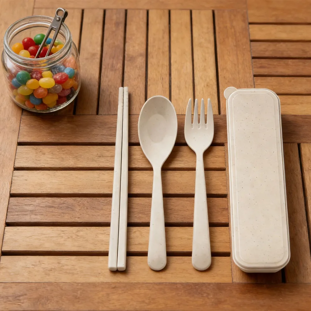 Convenient Plant Fiber Tableware Set Smooth Surface Lightweight Utensil Kit Practical with Case Dinner Set Daily Use