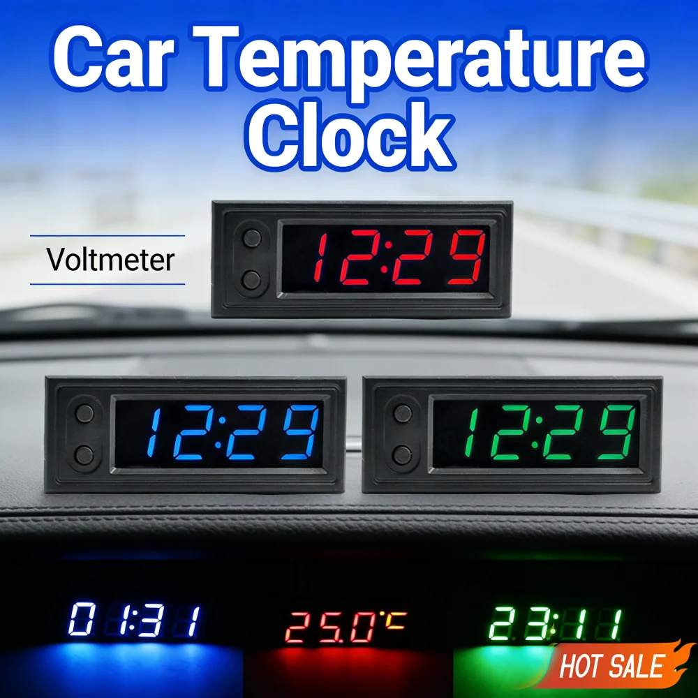 3 in 1 Car Temperature Clock LED Display Temperature Voltage Detector Luminous Electric Voltage Meter 12V Automobile Accessories