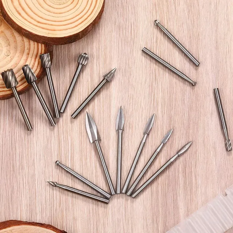 15 Pieces Wood Carving and Engraving Drill Bit Set Engraving Drill Accessories Bit and HSS Carbide Wood Milling Burrs for DIY