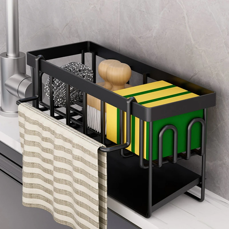 Thickened Multifunctional Kitchen Sponge Draining Rack with Towel Rack - Metal Sponge Holder, Detergent Box, and Self-Draining Tray - for Kitchen and Bathroom - Easy-To-Install Kitchen Sink Organizer