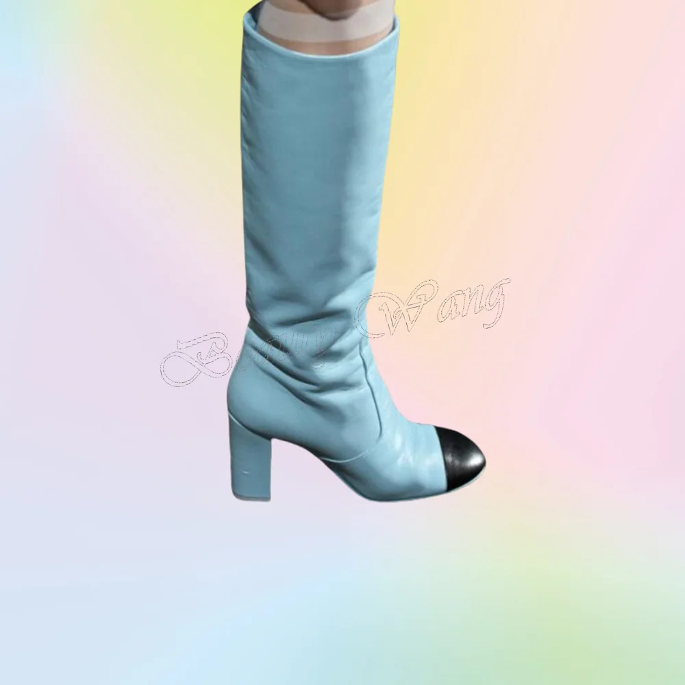 

Blue Black Patchwork Boots Knee High Shoes Round Toe Chunky High Heel Shoes for Women 2025 Zapatillas Mujer