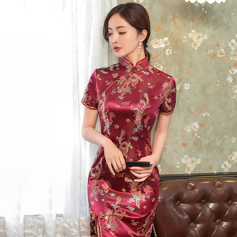 

Plus Size Chinese Long Qipao Female Dresses Retro Calssic Brocade Cheongsam Sexy Slim Split Dragon and Phoenix Long Vestidos