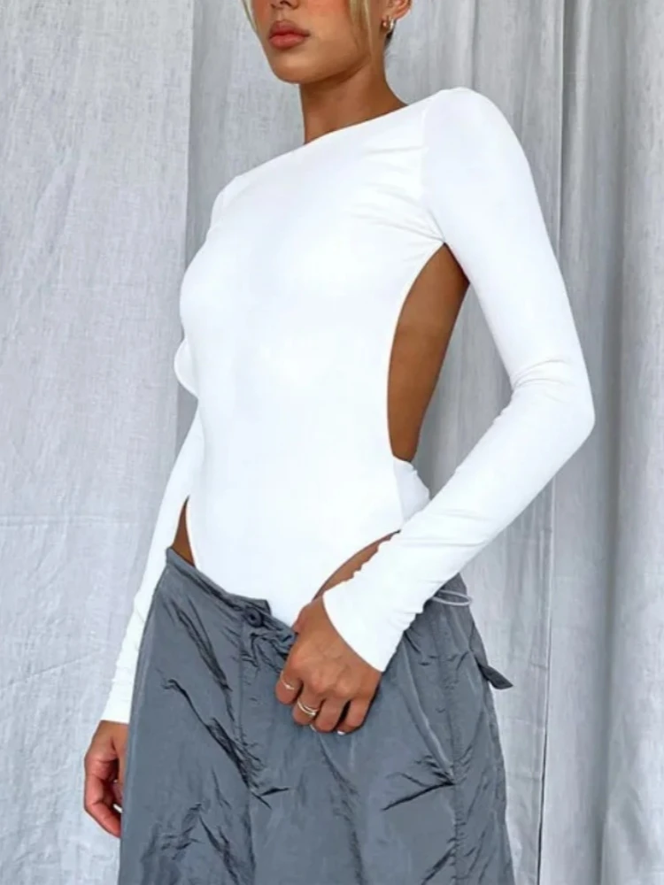 

Solid Color Bodysuit Long Sleeve Lingerie Sexy Tops Women Rave Outfit Backless One-pieces Bustier Slim Body Feminino Corset Top