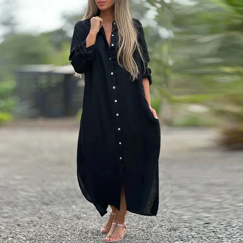 2024 Long Sleeve Maxi Dresses Women Turn Down Collar Casual Cotton Linen Button Shirt Dress Holiday Long Dresses Robe